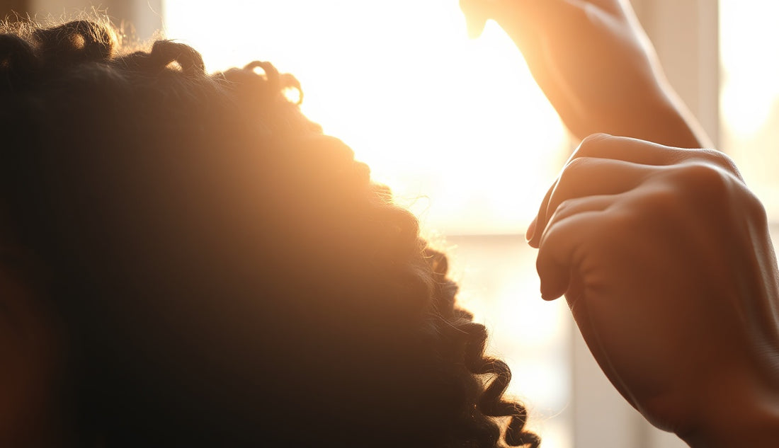 Stylist sectioning a Black woman's natural hair at the hairline before braiding
