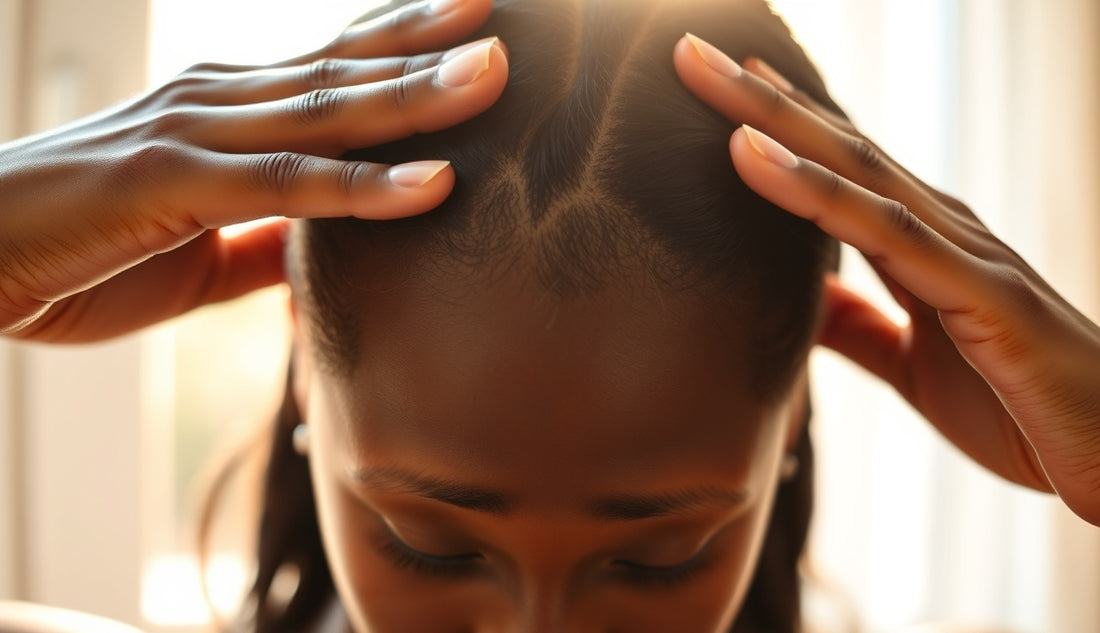 Black woman gently massaging her thinning hairline edges with fingertips in morning light