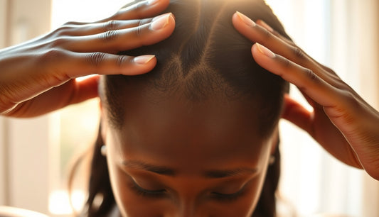 Black woman gently massaging her thinning hairline edges with fingertips in morning light