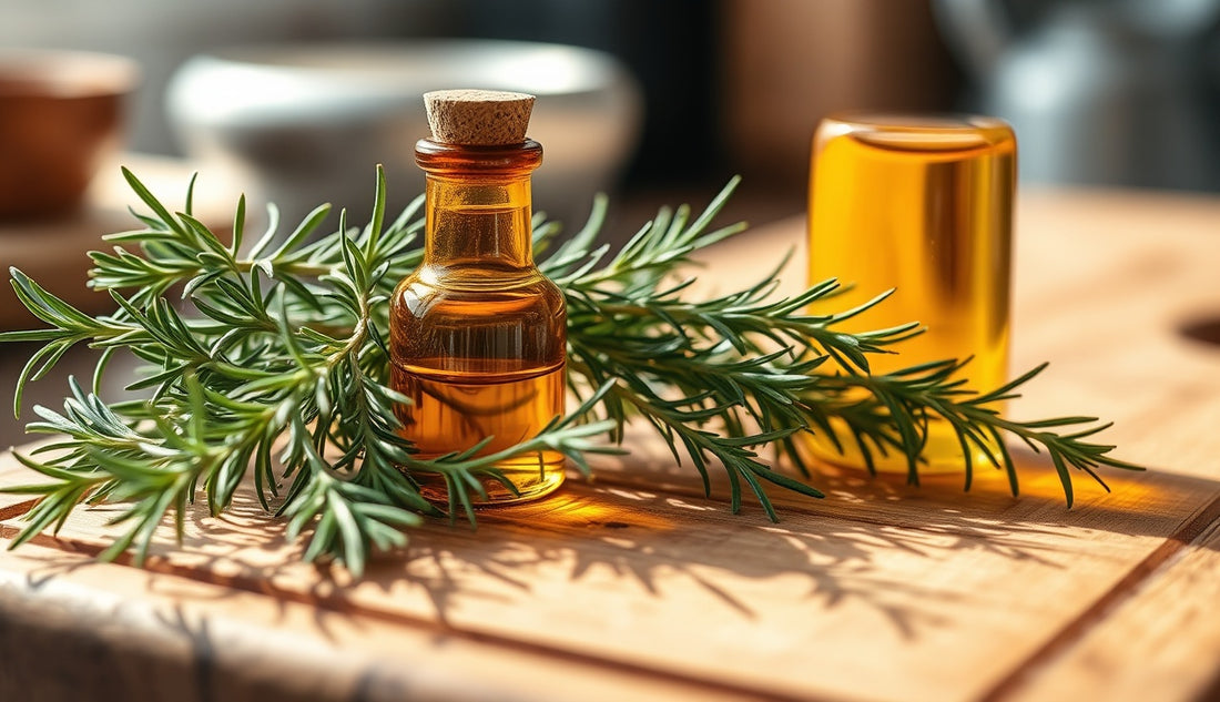 Fresh rosemary sprigs beside an amber glass bottle of infused hair oil on wood