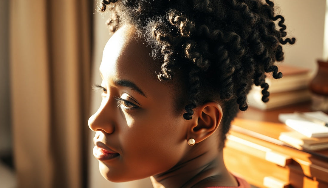 Close-up of thinning natural hair at the crown of a Black woman's head