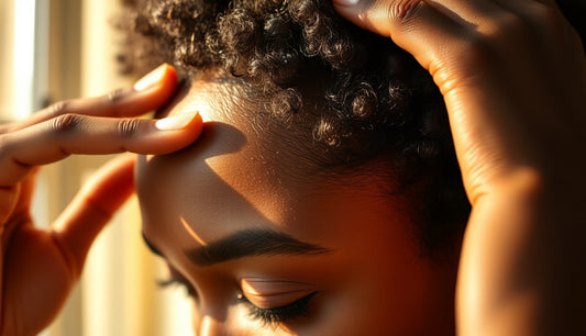 Black woman examining her natural edges in soft morning light at her hairline