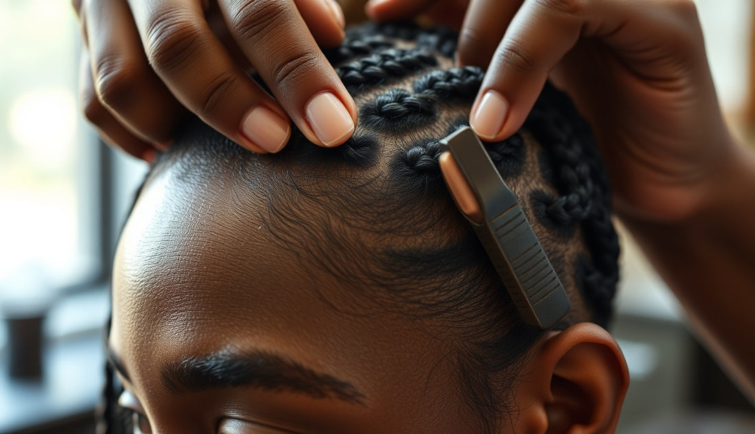 Braider installing crochet braids behind a thin hairline in a salon