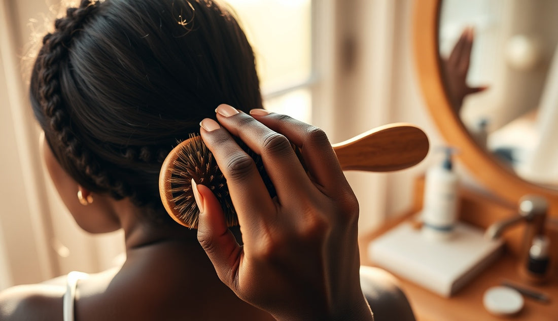 Woman using a soft brush to gently lay her natural hair edges