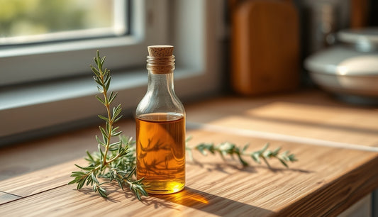 Fresh rosemary sprigs next to an amber bottle of homemade rosemary oil for hair