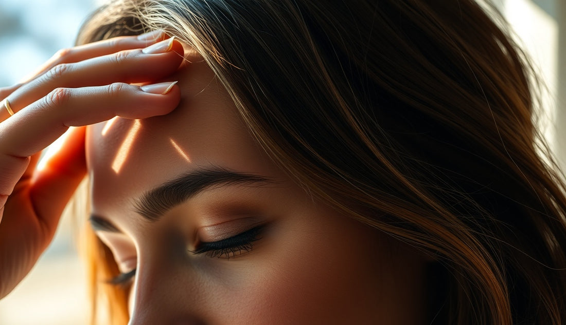 Woman gently examining her thinning hairline edges in morning light