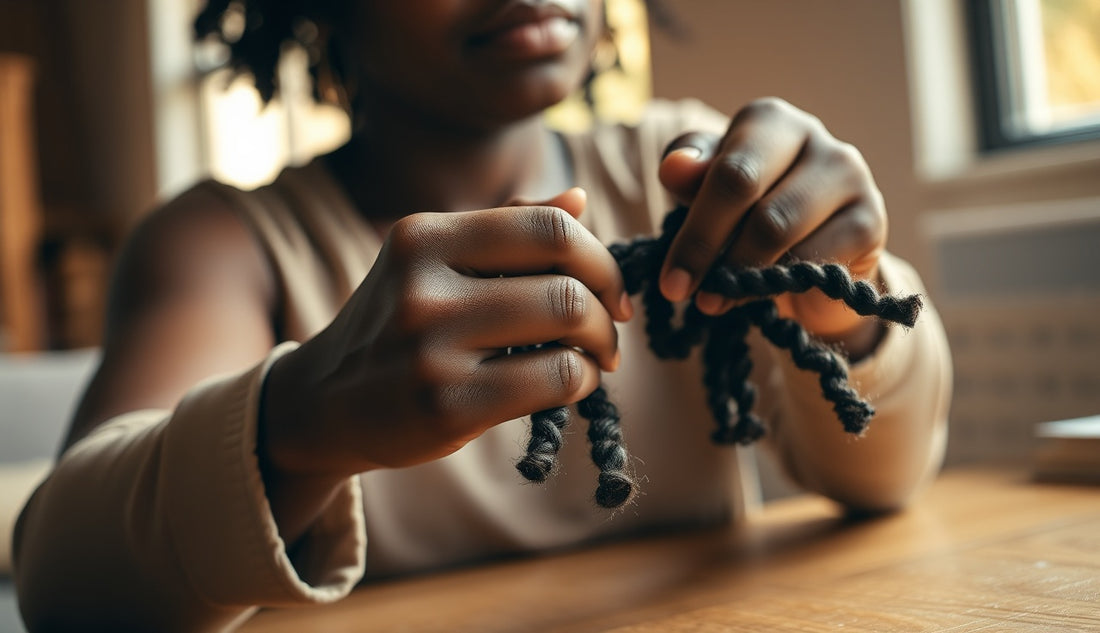 Black woman twisting 4c natural hair into protective two-strand twists