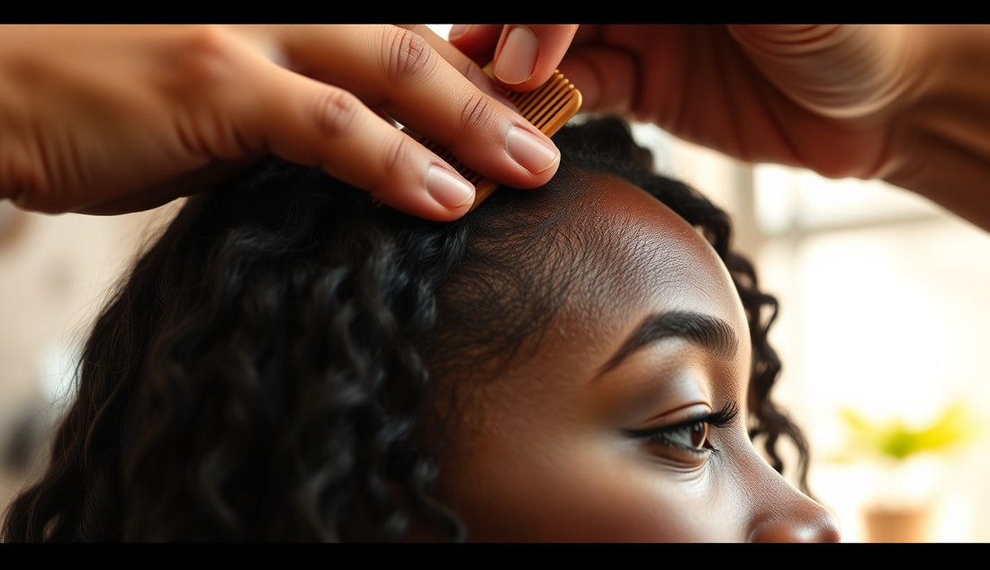 Stylist examining thinning edges along a Black woman's hairline at a salon