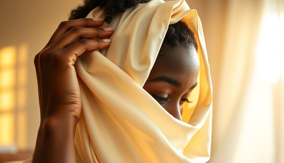 Woman wrapping a satin scarf over her hairline edges in morning light