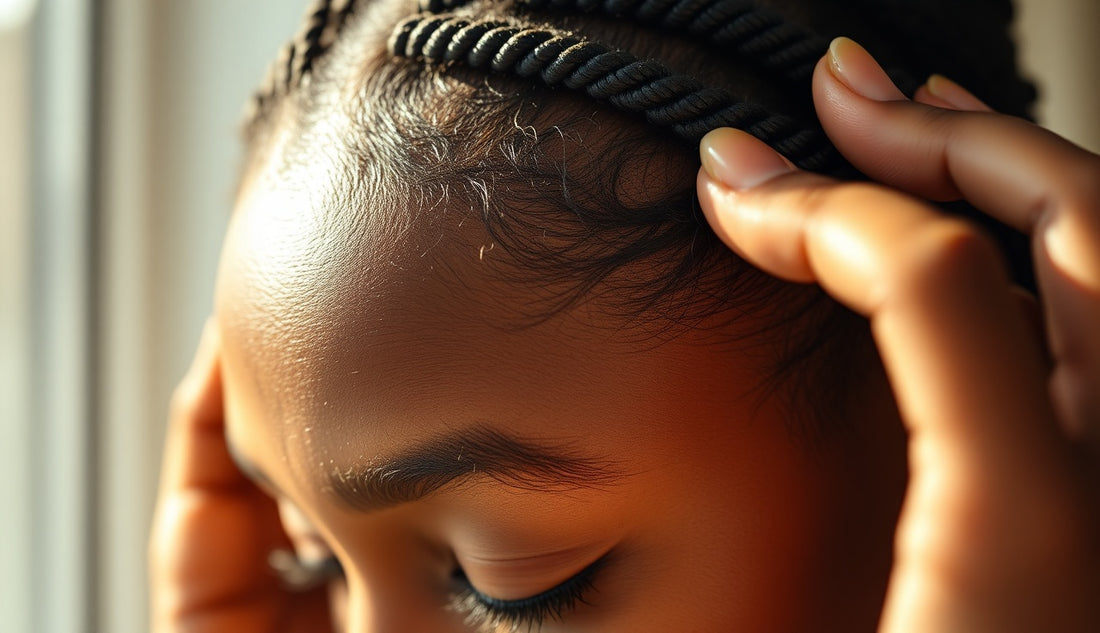 Black woman's hairline with loose cornrows laid away from the temple edge