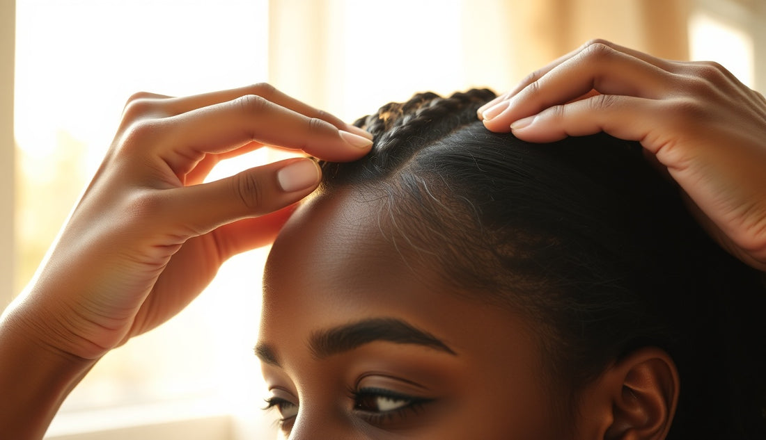 Black woman examining her thinning edges near the temple in natural light