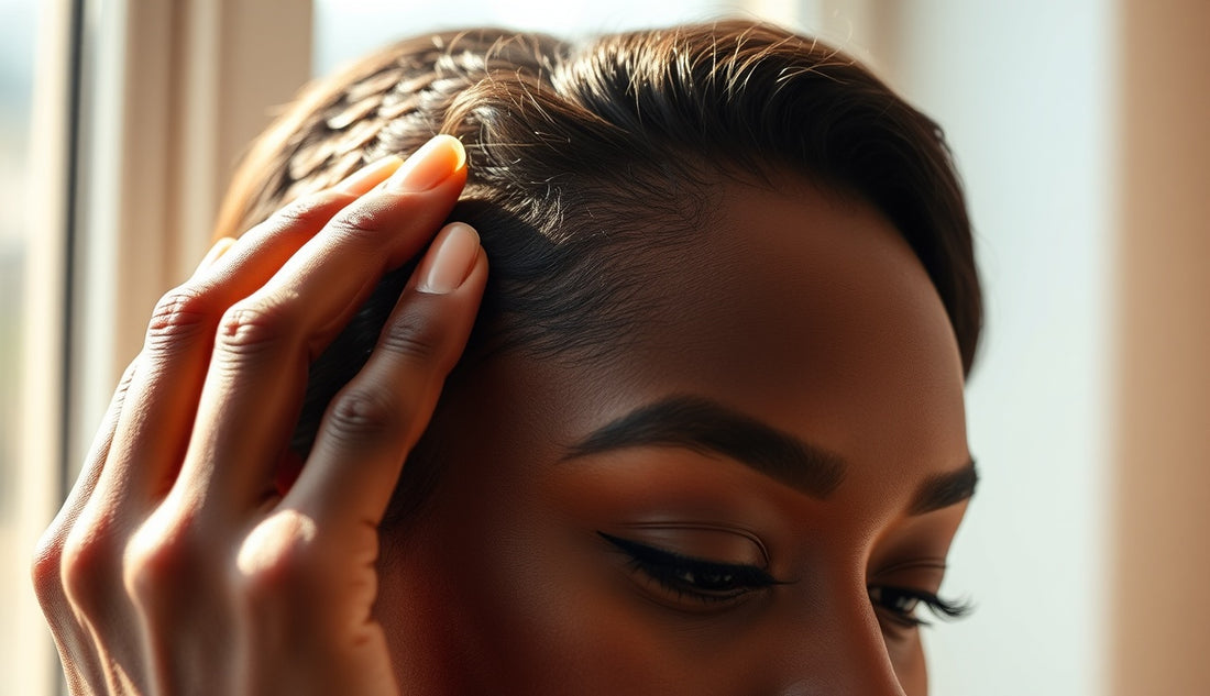 Close view of thinning edges along a Black woman's temple hairline in soft natural light