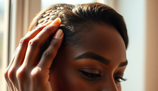Close view of thinning edges along a Black woman's temple hairline in soft natural light