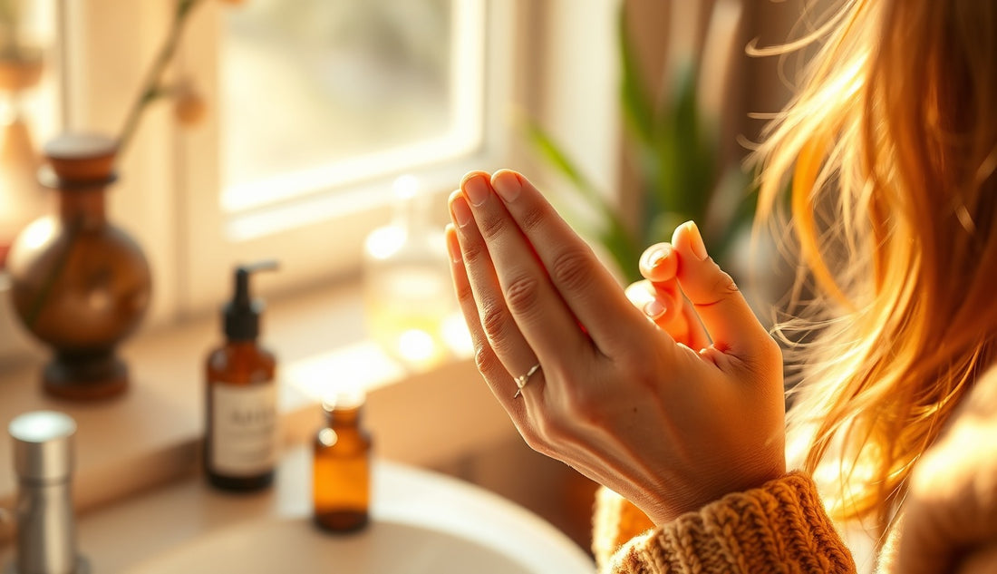 Hands warming castor oil drops before applying to hairline edges