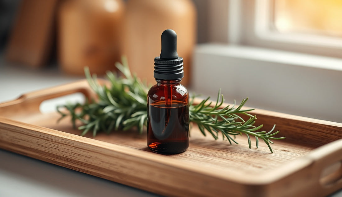 Amber dropper bottle of rosemary oil beside fresh rosemary sprigs on wooden tray