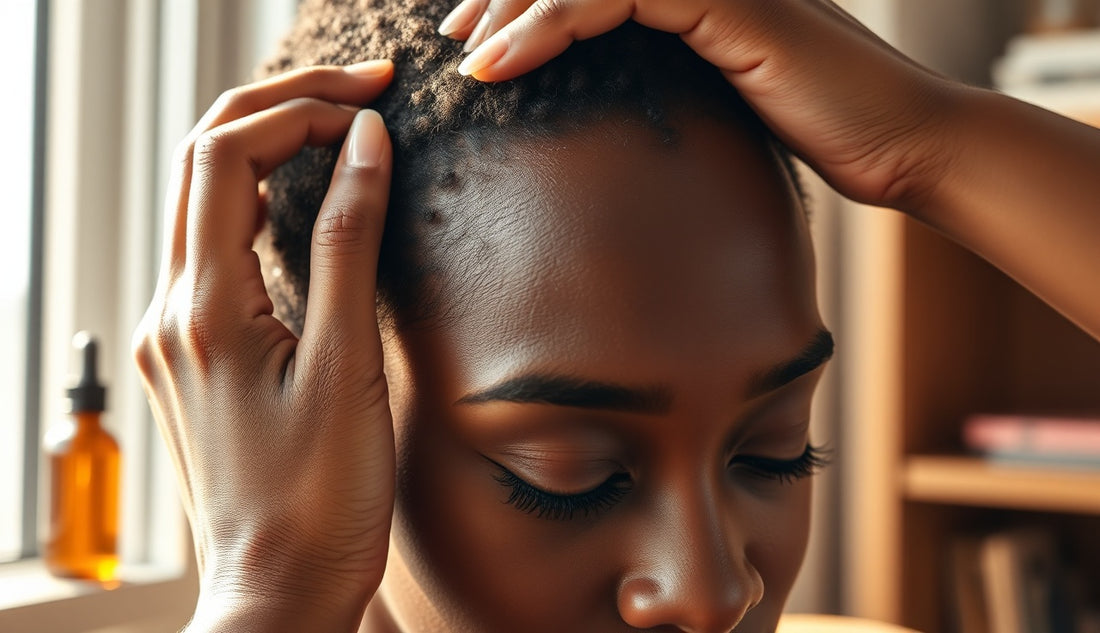 Black woman massaging thinning edges at her temple in morning light