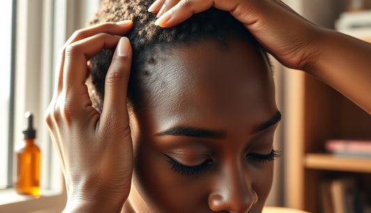 Black woman massaging thinning edges at her temple in morning light