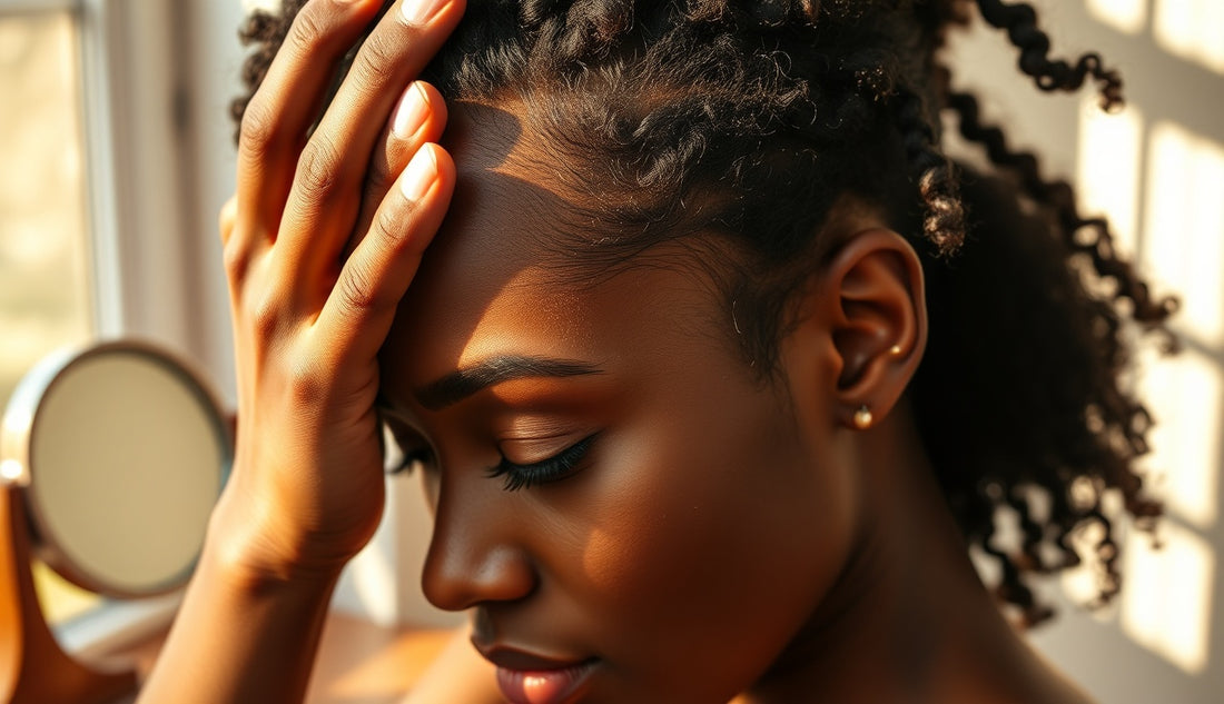Black woman examining thinning edges at her temple in natural light