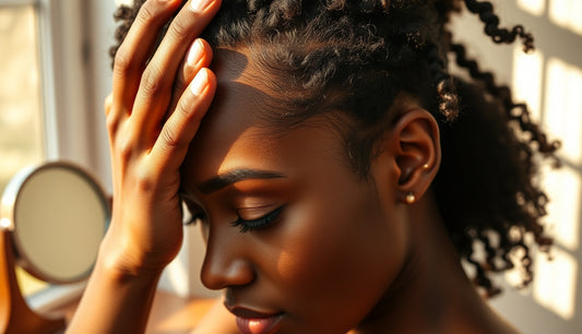 Black woman examining thinning edges at her temple in natural light