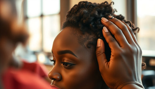 Stylist examining a Black woman's fine hairline and edges at a salon mirror