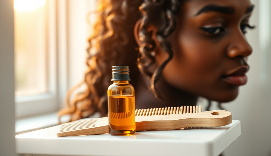 Black woman's delicate hairline edge with natural hair oil and comb on shelf