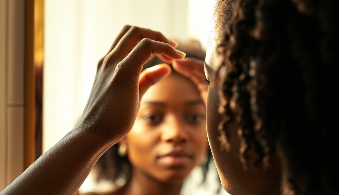Black woman examining thinning hairline edges in bathroom mirror morning light