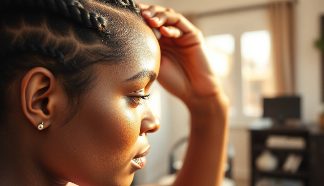 Black woman's thinning hairline with loose knotless braids being installed gently