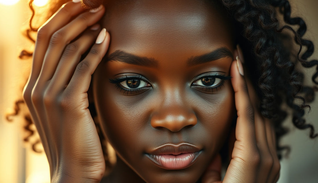 Black woman touching thinning hairline edges in natural window light