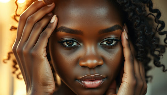 Black woman touching thinning hairline edges in natural window light