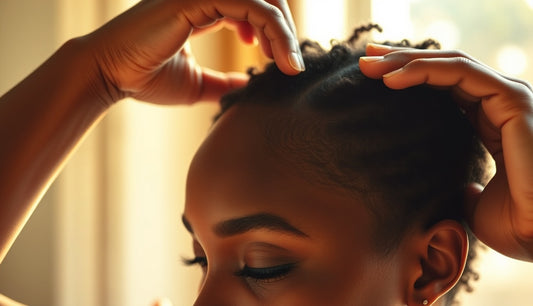 Black woman examining her hairline and thinning edges near her temples