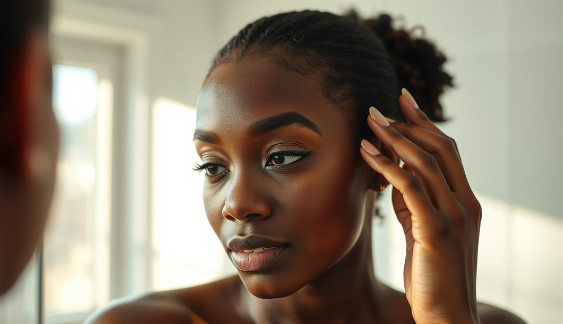 Black woman examining her thinning hairline edges in a bathroom mirror