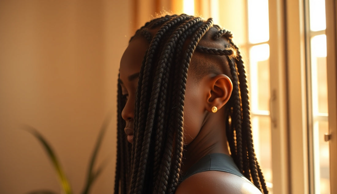 Close-up of knotless box braids on a Black woman with healthy edges