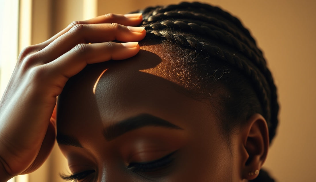 Black woman gently touching her temple hairline showing traction alopecia area