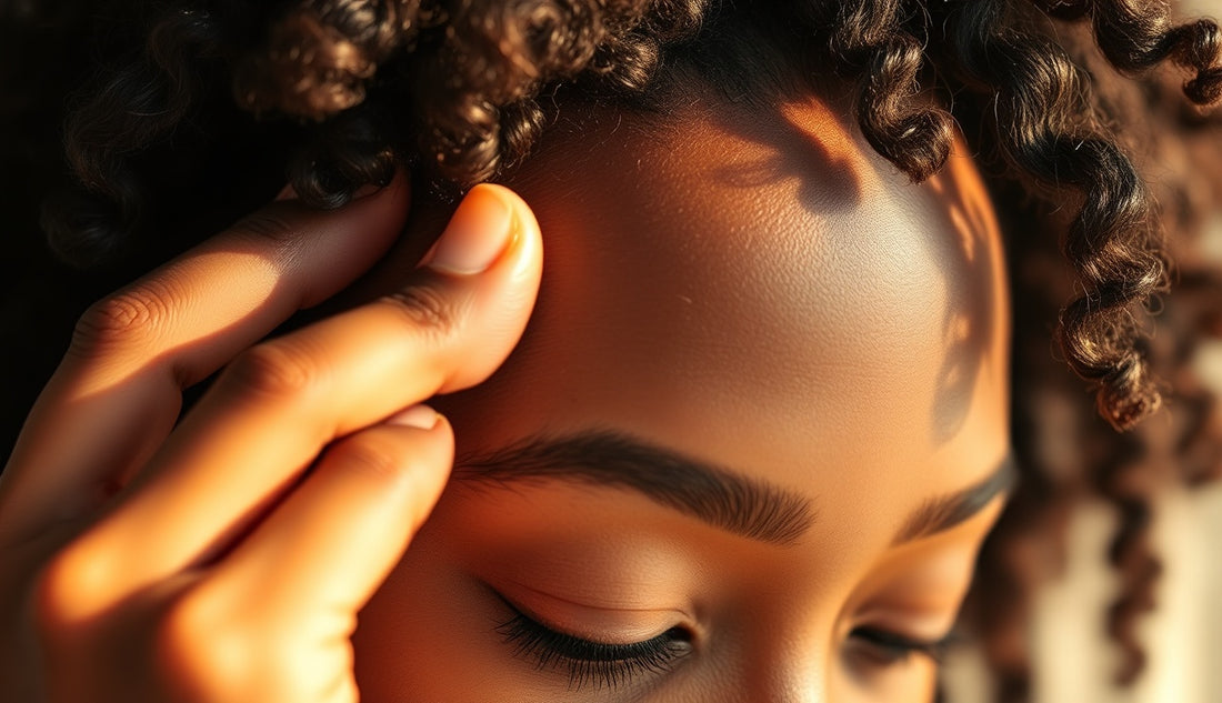 Black woman examining thinning edges on natural hair in morning light