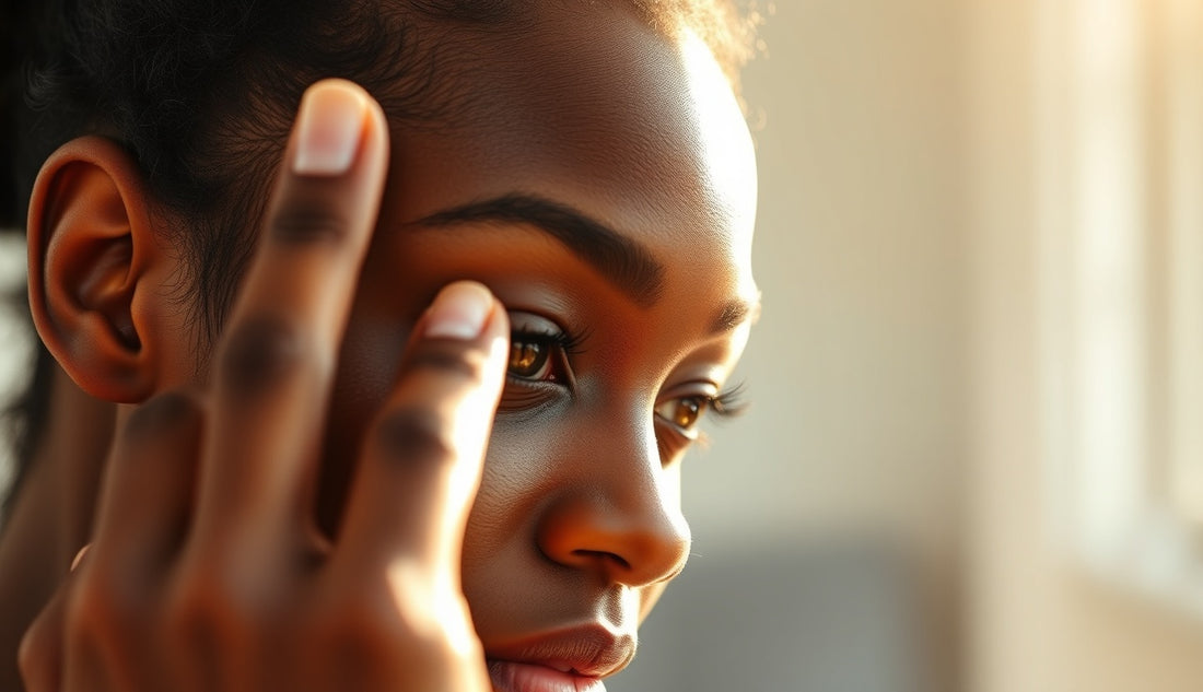 Black woman examining thinning edges in mirror, fingertips touching hairline