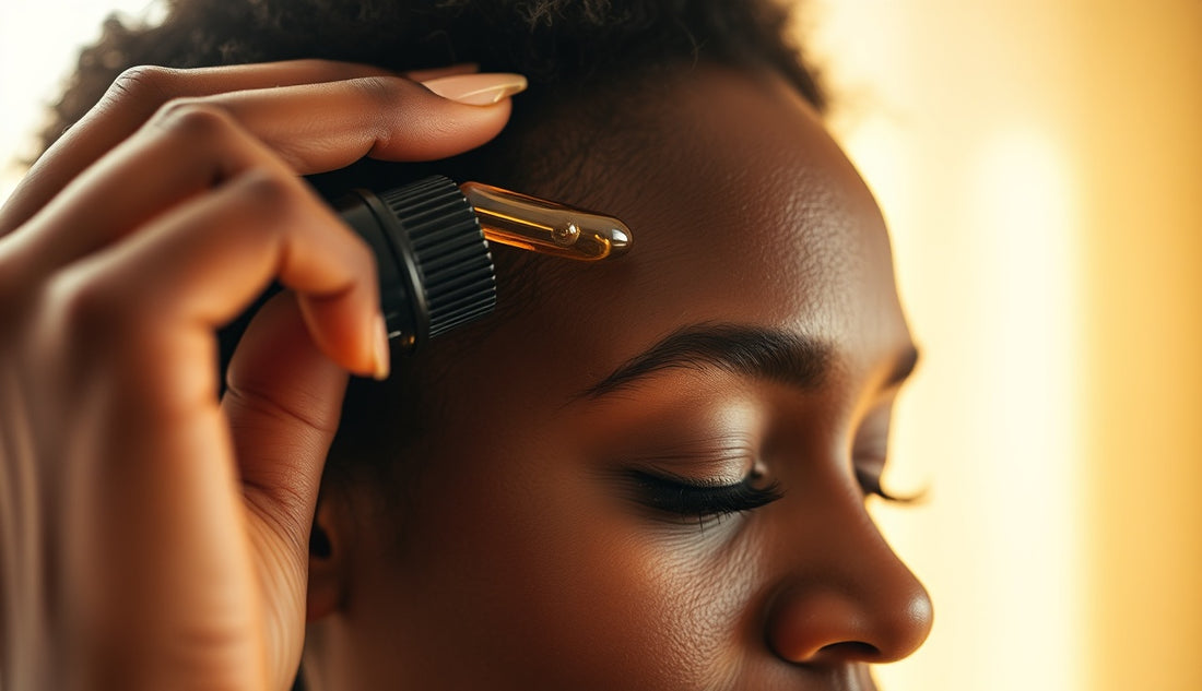 Black woman applying scalp oil to thinning edges at her temple in morning light