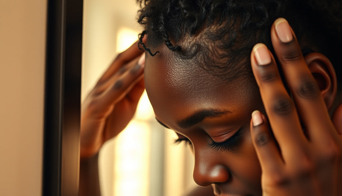 Black woman examining thinning edges at her hairline in a mirror