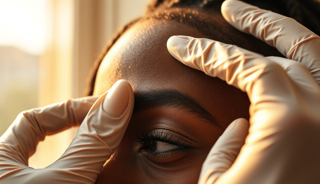 Consultant parting fine sisterlocks near a woman's thin temple hairline