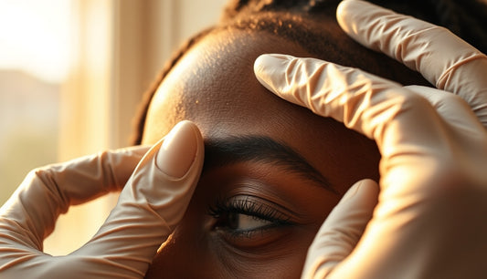 Consultant parting fine sisterlocks near a woman's thin temple hairline