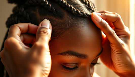 Braider's hands installing a braid close to a Black woman's hairline and edges