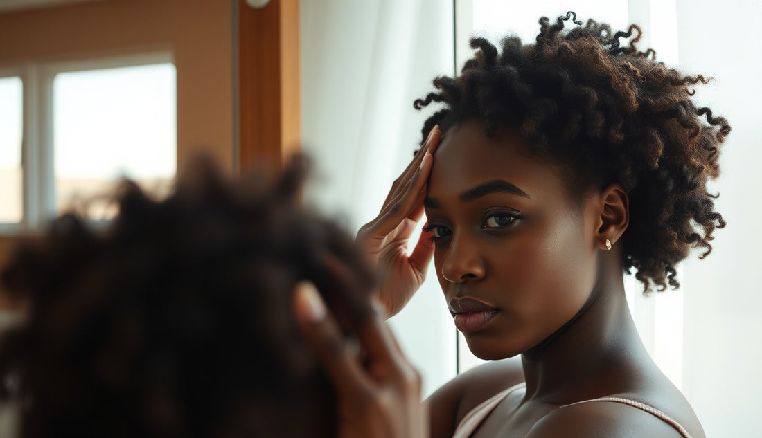 Black woman gently examining hairline breakage at her temple in a bathroom mirror
