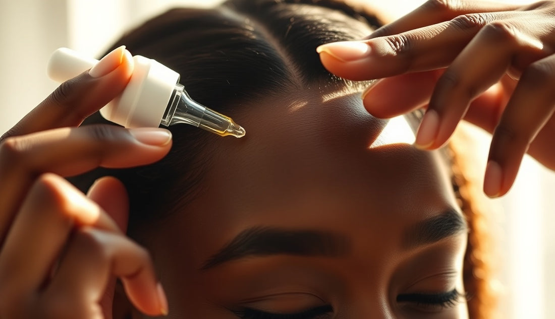Black woman applying topical serum to her thinning hairline edges in soft natural light