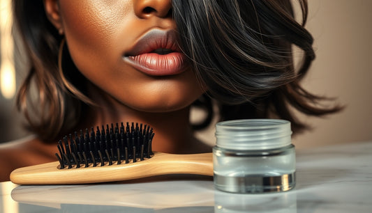 Black woman styling her natural edges with a soft brush, hair loose