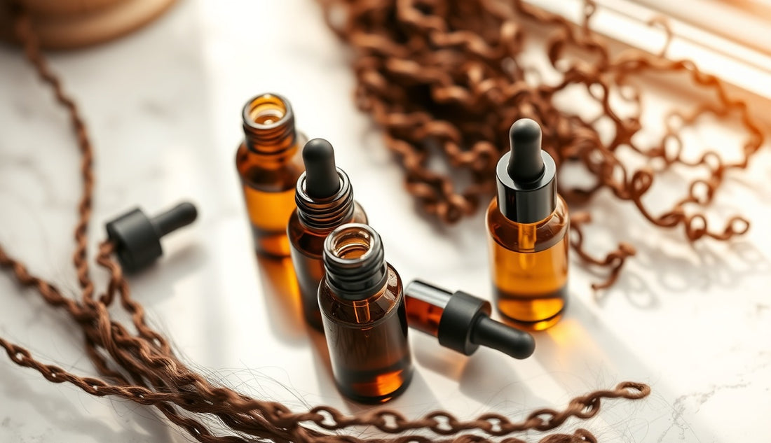 Amber glass oil bottles and natural coily hair strands on marble surface