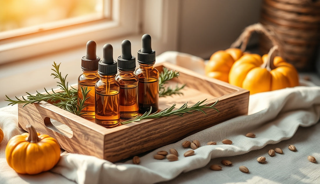Glass dropper bottles with natural hair growth oils alongside rosemary and pumpkin seeds