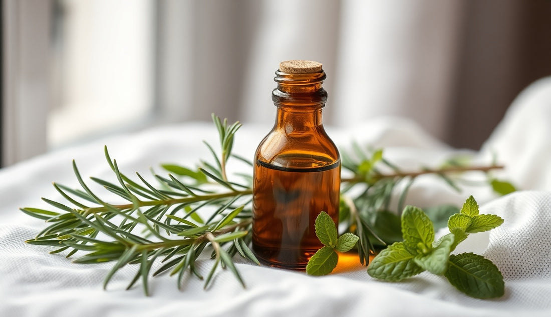 Amber glass oil bottle surrounded by rosemary and mint leaves on white linen