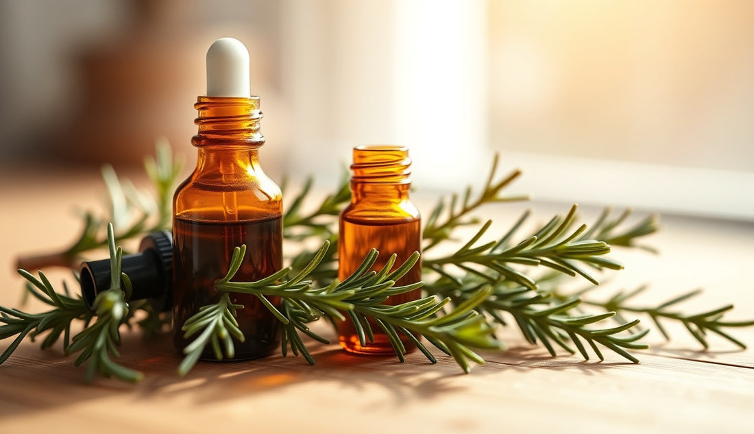 Glass dropper bottle of rosemary oil surrounded by fresh rosemary sprigs on wood