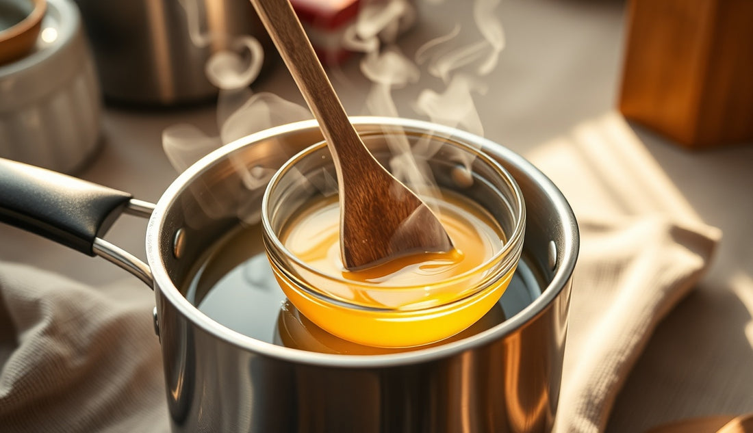 Hands stirring melted beeswax and oil mixture to make homemade edge control