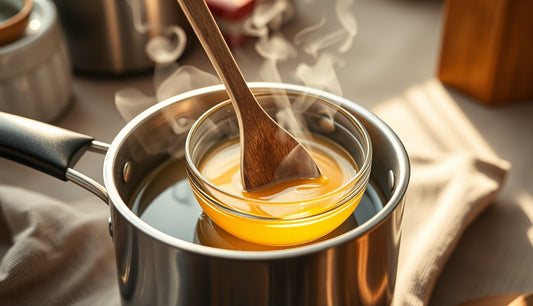 Hands stirring melted beeswax and oil mixture to make homemade edge control
