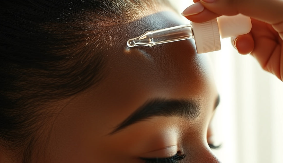Woman applying scalp serum to thinning hairline edges in morning light